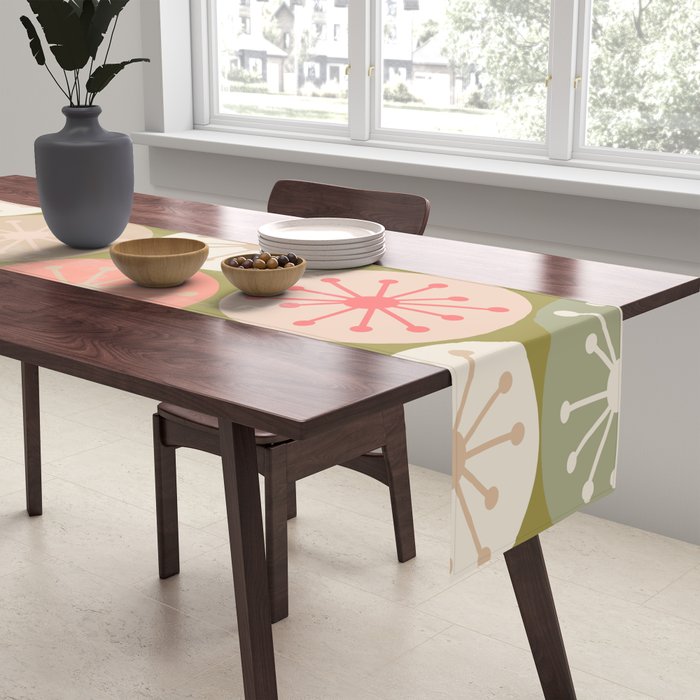 Mid Century Modern Atomic Retro Dots Pattern in Vintage Olive Green and Blush Pink Table Runner Gallery Image 2