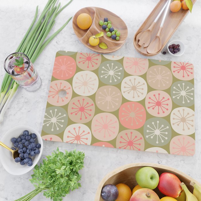 Mid Century Modern Atomic Retro Dots Pattern in Vintage Olive Green and Blush Pink Cutting Board Gallery Image 2