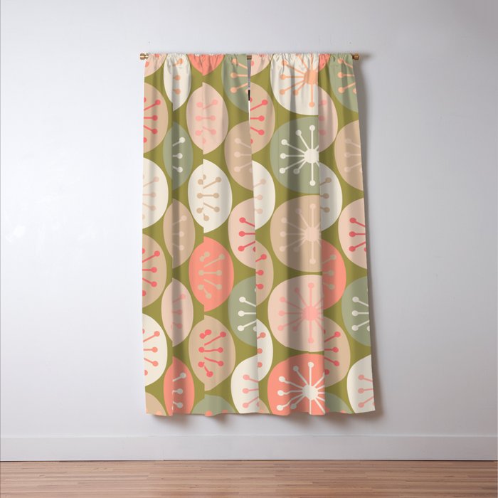 Mid Century Modern Atomic Retro Dots Pattern in Vintage Olive Green and Blush Pink Window Curtain Gallery Image 3