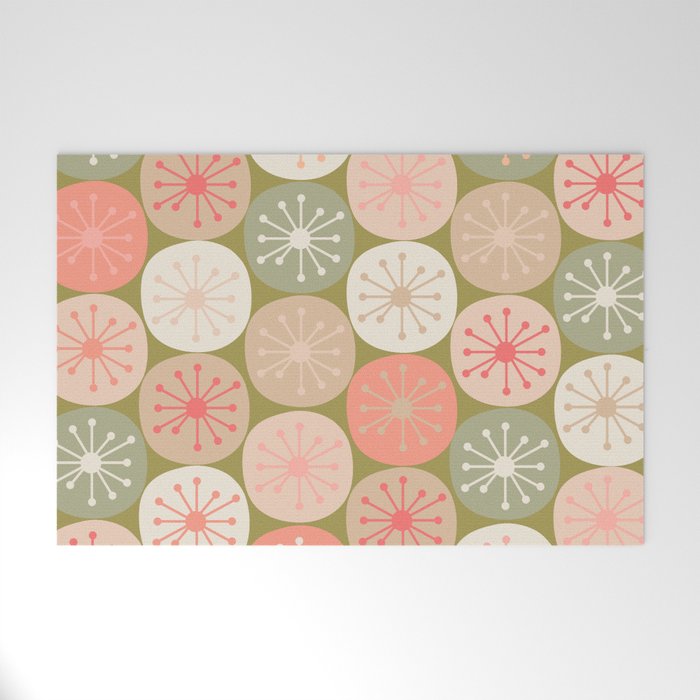 Mid Century Modern Atomic Retro Dots Pattern in Vintage Olive Green and Blush Pink Welcome Mat Gallery Image 1