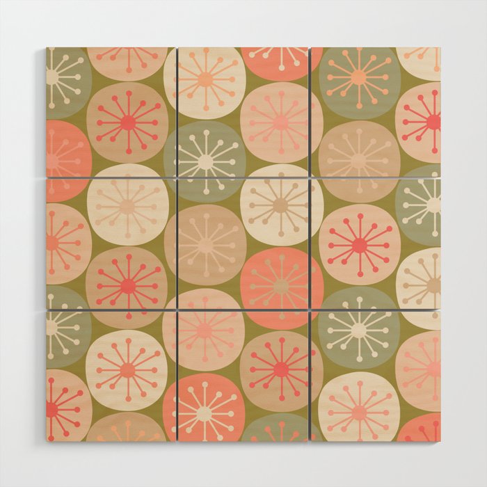 Mid Century Modern Atomic Retro Dots Pattern in Vintage Olive Green and Blush Pink Wood Wall Art Gallery Image 1