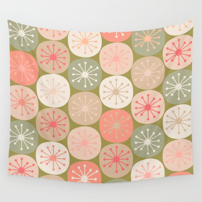 Mid Century Modern Atomic Retro Dots Pattern in Vintage Olive Green and Blush Pink Wall Tapestry Gallery Image 4