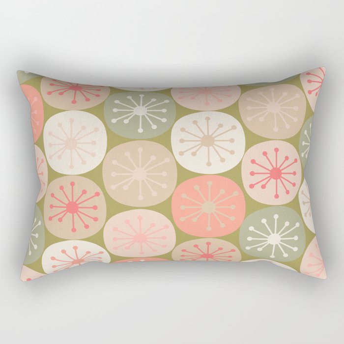 Mid Century Modern Atomic Retro Dots Pattern in Vintage Olive Green and Blush Pink Rectangular Pillow Gallery Image 2