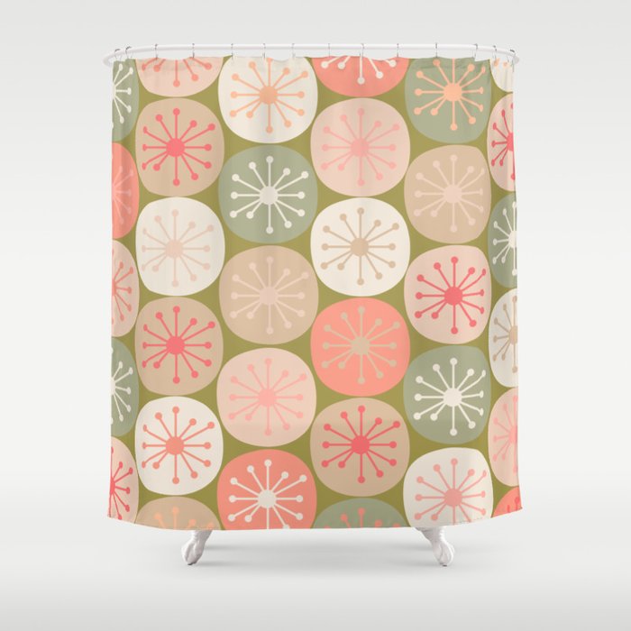 Mid Century Modern Atomic Retro Dots Pattern in Vintage Olive Green and Blush Pink Shower Curtain Gallery Image 1