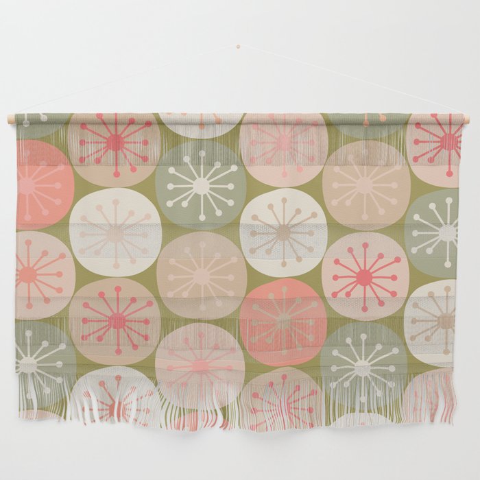 Mid Century Modern Atomic Retro Dots Pattern in Vintage Olive Green and Blush Pink Wall Hanging Gallery Image 1