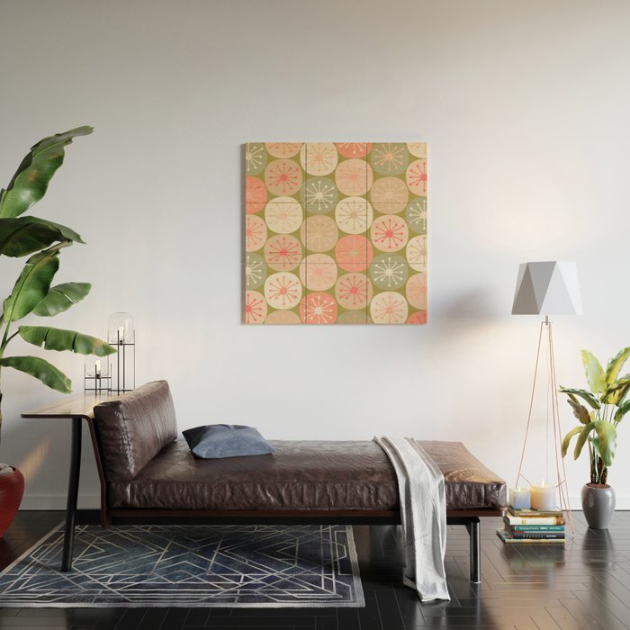 Mid Century Modern Atomic Retro Dots Pattern in Vintage Olive Green and Blush Pink Wood Wall Art Gallery Image 2