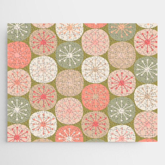Mid Century Modern Atomic Retro Dots Pattern in Vintage Olive Green and Blush Pink Jigsaw Puzzle Gallery Image 1