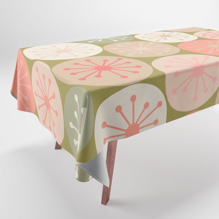 Mid Century Modern Atomic Retro Dots Pattern in Vintage Olive Green and Blush Pink Tablecloth Gallery Image 1