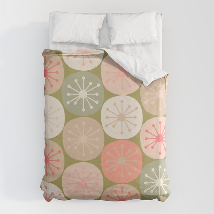 Mid Century Modern Atomic Retro Dots Pattern in Vintage Olive Green and Blush Pink Duvet Cover Gallery Image 1
