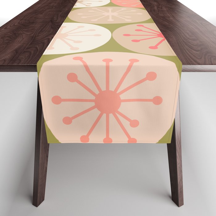 Mid Century Modern Atomic Retro Dots Pattern in Vintage Olive Green and Blush Pink Table Runner Gallery Image 1