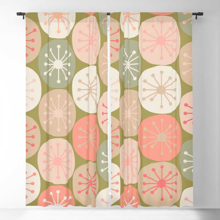 Mid Century Modern Atomic Retro Dots Pattern in Vintage Olive Green and Blush Pink Window Curtain Gallery Image 1