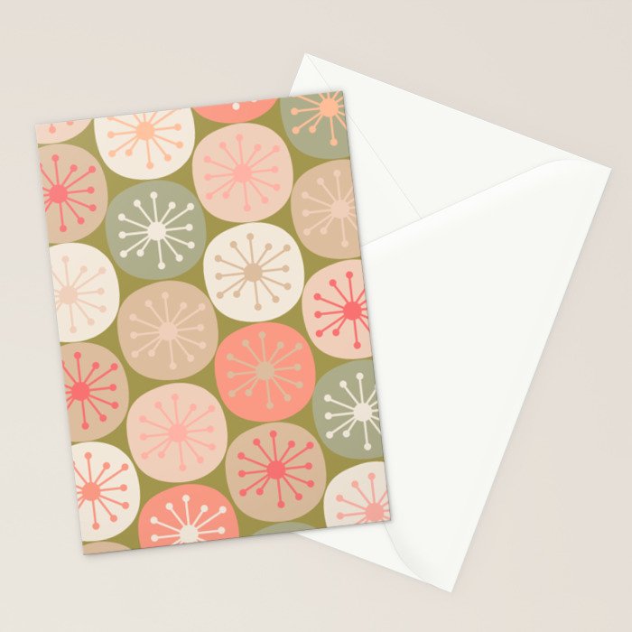 Mid Century Modern Atomic Retro Dots Pattern in Vintage Olive Green and Blush Pink Stationery Card Gallery Image 2
