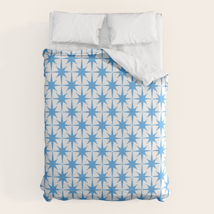 Mid Century Modern Atomic Starbursts Blue and White Pattern Duvet Cover Gallery Image 1