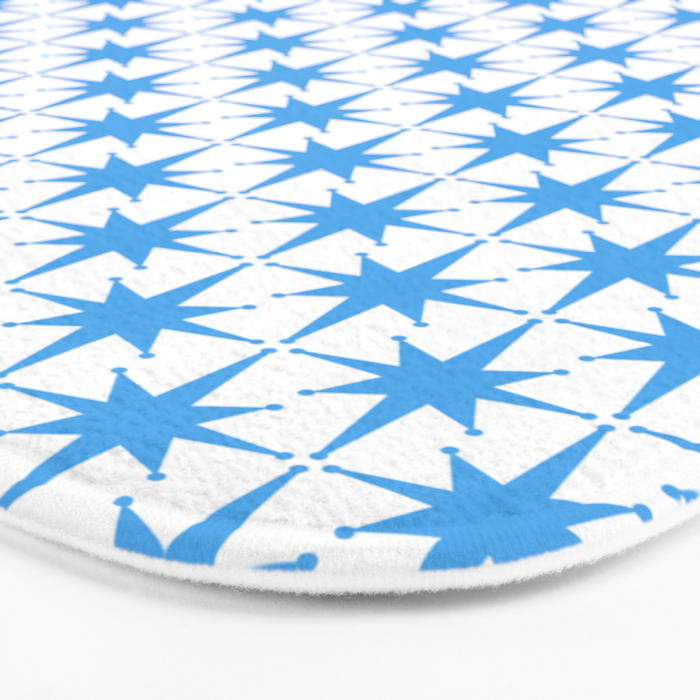 Mid Century Modern Atomic Starbursts Blue and White Pattern Bath Mat Gallery Image 3