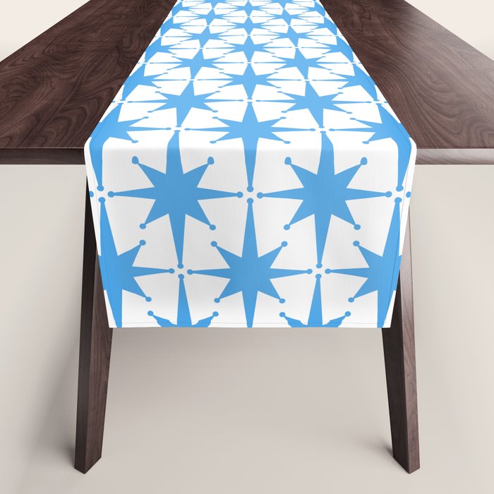 Mid Century Modern Atomic Starbursts Blue and White Pattern Table Runner Gallery Image 1