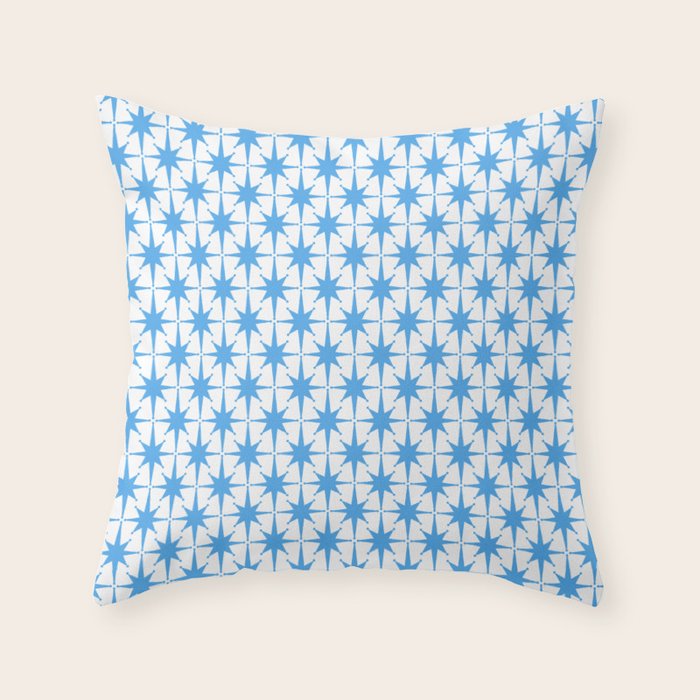 Mid Century Modern Atomic Starbursts Blue and White Pattern Throw Pillow Gallery Image 1