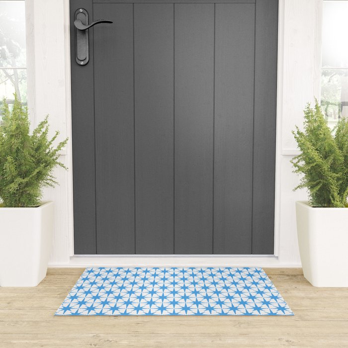 Mid Century Modern Atomic Starbursts Blue and White Pattern Welcome Mat Gallery Image 3