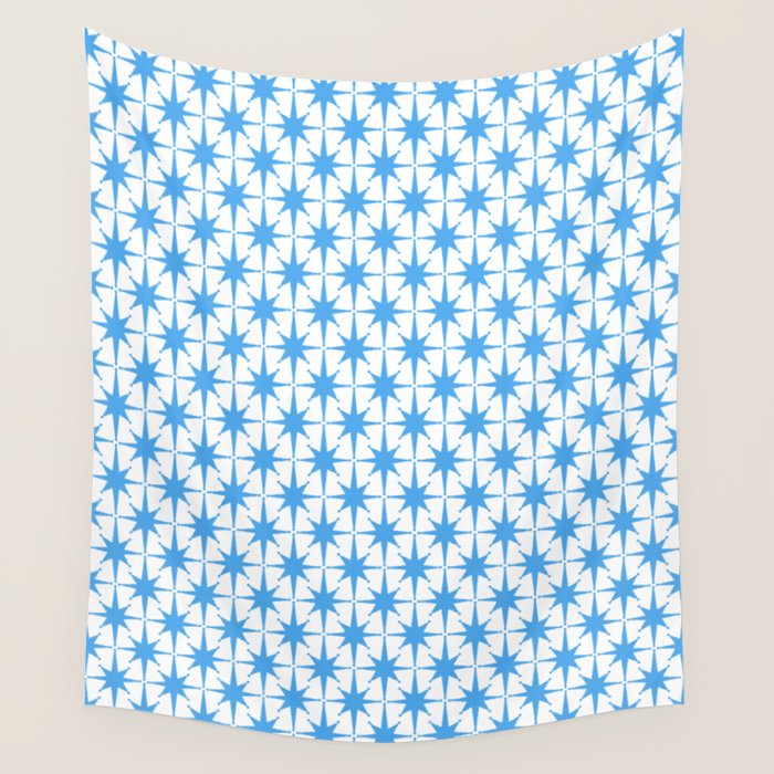 Mid Century Modern Atomic Starbursts Blue and White Pattern Wall Tapestry Gallery Image 1