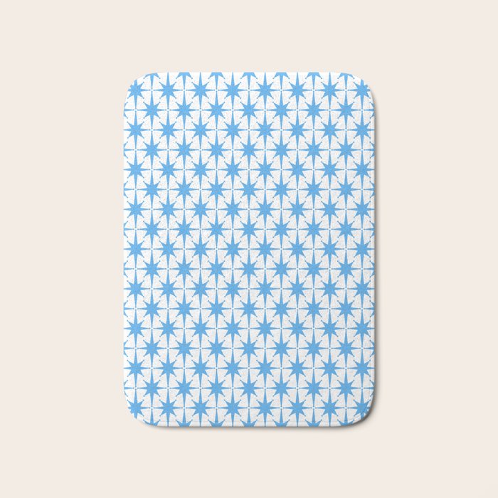 Mid Century Modern Atomic Starbursts Blue and White Pattern Bath Mat Gallery Image 1