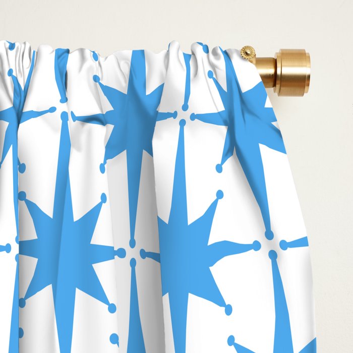 Mid Century Modern Atomic Starbursts Blue and White Pattern Window Curtain Gallery Image 2