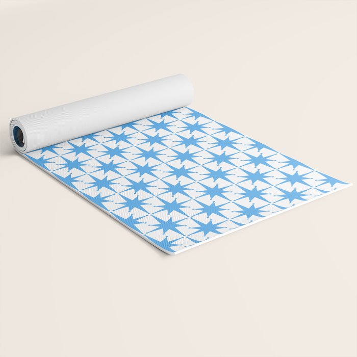 Mid Century Modern Atomic Starbursts Blue and White Pattern Yoga Mat Gallery Image 2