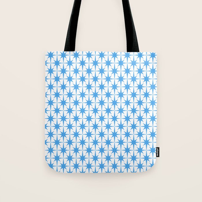 Mid Century Modern Atomic Starbursts Blue and White Pattern Tote Bag Gallery Image 1
