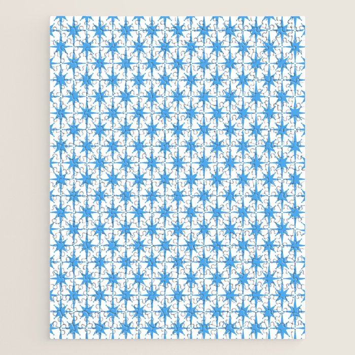 Mid Century Modern Atomic Starbursts Blue and White Pattern Jigsaw Puzzle Gallery Image 1