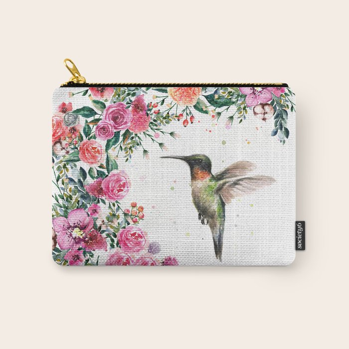 Hummingbird and Flowers Watercolor Animals Carry All Pouch