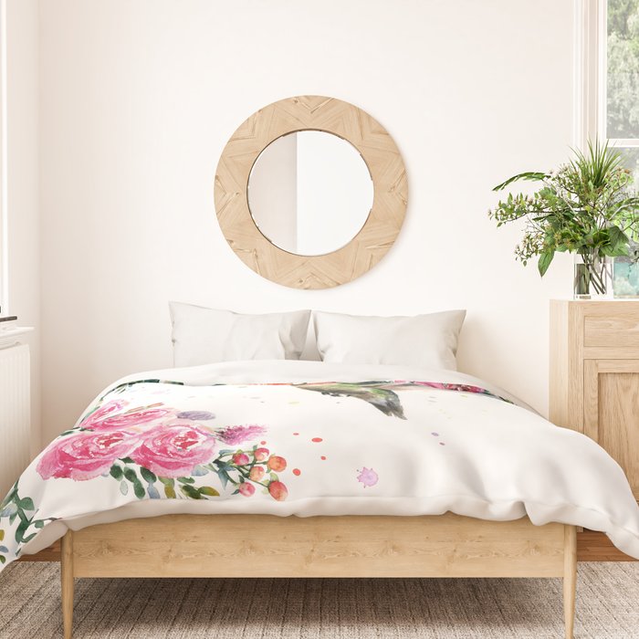 Hummingbird and Flowers Watercolor Animals Duvet Cover Gallery Image 3