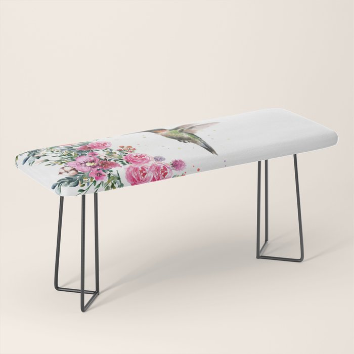 Hummingbird and Flowers Watercolor Animals Bench Gallery Image 1