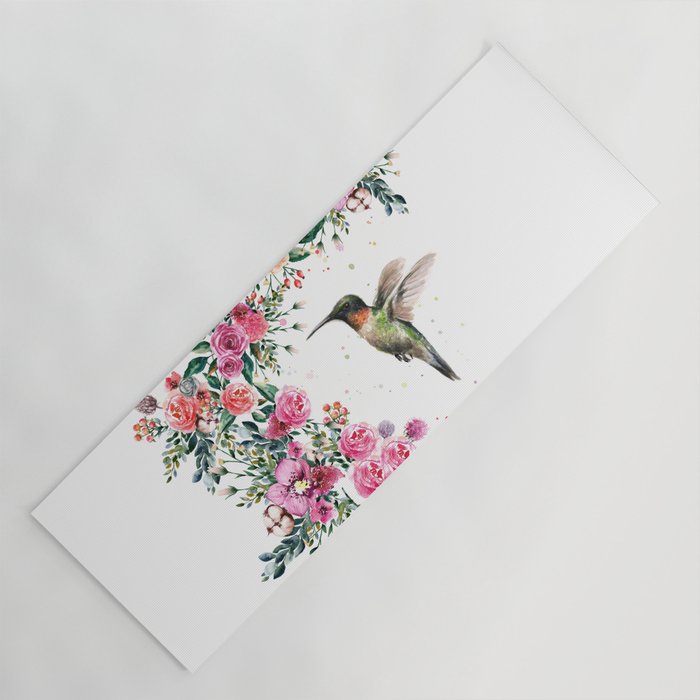 Hummingbird and Flowers Watercolor Animals Yoga Mat Gallery Image 1