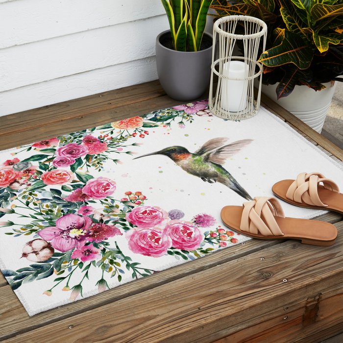 Hummingbird and Flowers Watercolor Animals Outdoor Rug Gallery Image 2