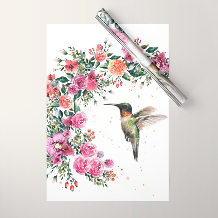 Hummingbird and Flowers Watercolor Animals Wrapping Paper Gallery Image 1