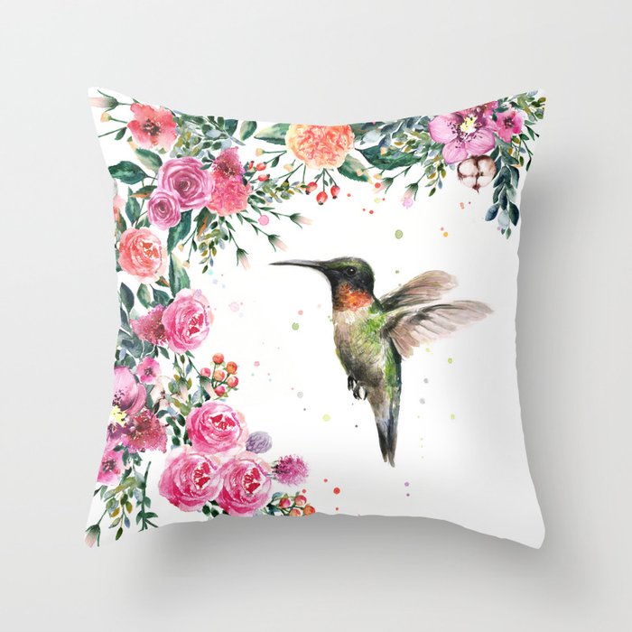 Hummingbird and Flowers Watercolor Animals Throw Pillow Gallery Image 6