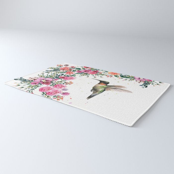 Hummingbird and Flowers Watercolor Animals Rug Gallery Image 3