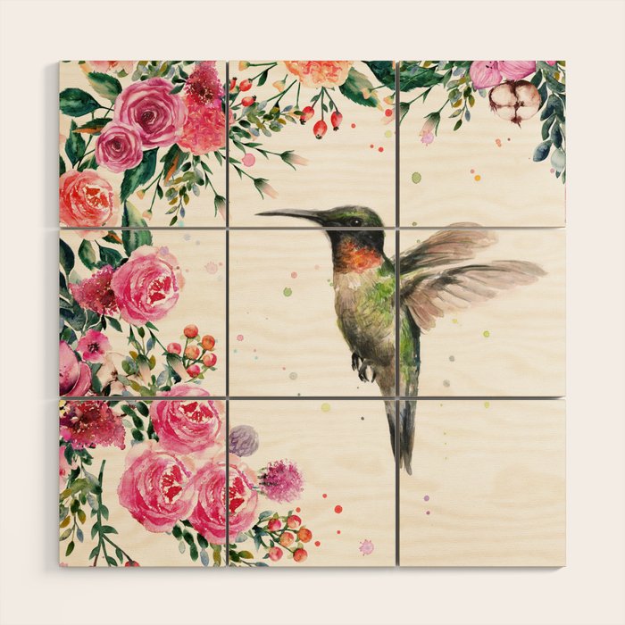Hummingbird and Flowers Watercolor Animals Wood Wall Art Gallery Image 1
