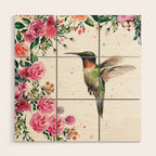 Hummingbird and Flowers Watercolor Animals Wood Wall Art Gallery Image 1