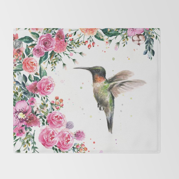 Hummingbird and Flowers Watercolor Animals Throw Blanket Gallery Image 2