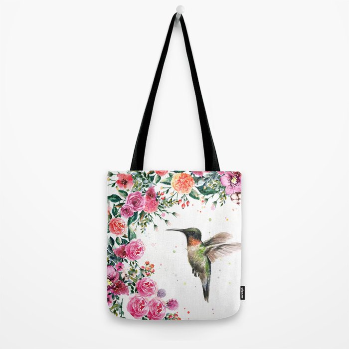 Hummingbird and Flowers Watercolor Animals Tote Bag Gallery Image 2
