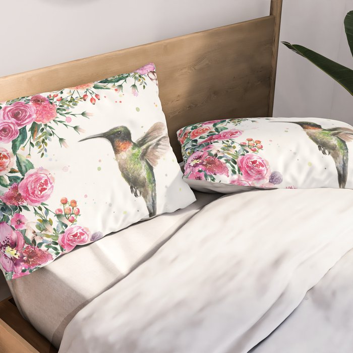 Hummingbird and Flowers Watercolor Animals Pillow Sham Gallery Image 2