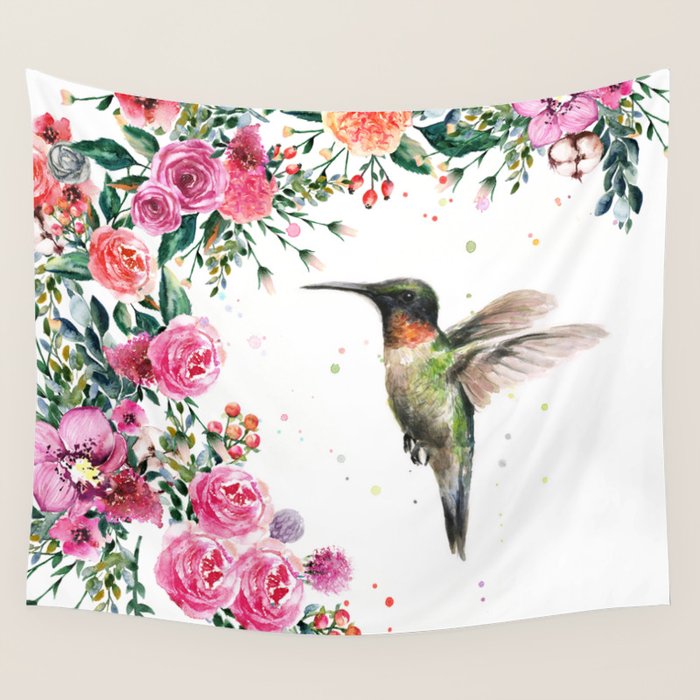 Hummingbird and Flowers Watercolor Animals Wall Tapestry Gallery Image 4