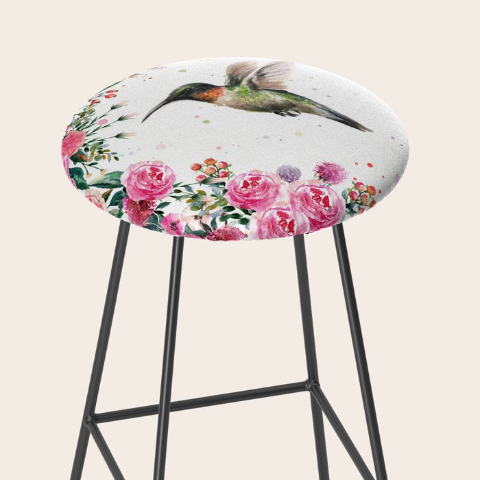 Hummingbird and Flowers Watercolor Animals Stool Gallery Image 2