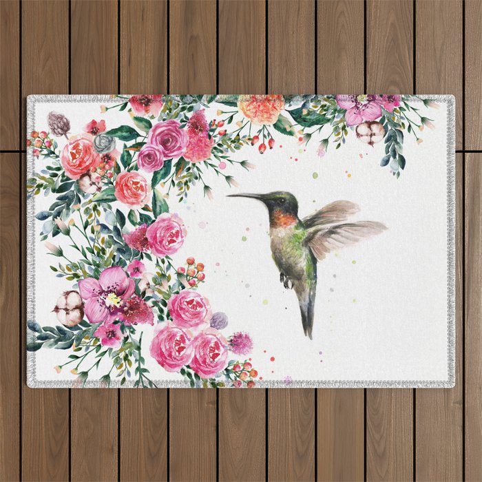 Hummingbird and Flowers Watercolor Animals Outdoor Rug Gallery Image 1