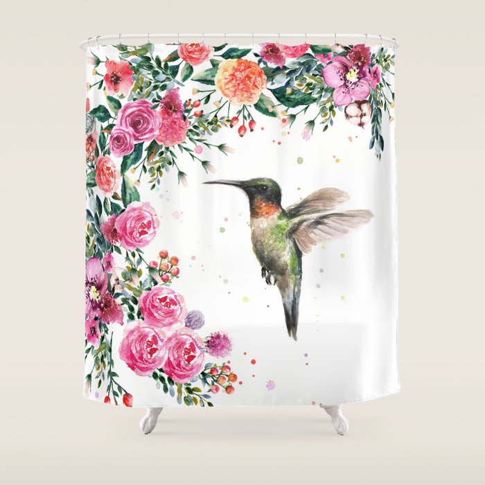 Hummingbird and Flowers Watercolor Animals Shower Curtain Gallery Image 1