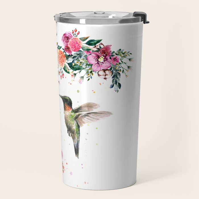 Hummingbird and Flowers Watercolor Animals Travel Mug Gallery Image 2