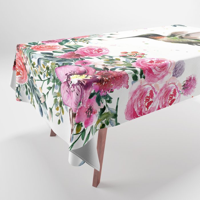 Hummingbird and Flowers Watercolor Animals Tablecloth Gallery Image 1