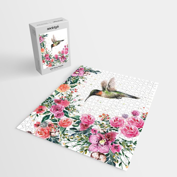 Hummingbird and Flowers Watercolor Animals Jigsaw Puzzle Gallery Image 2