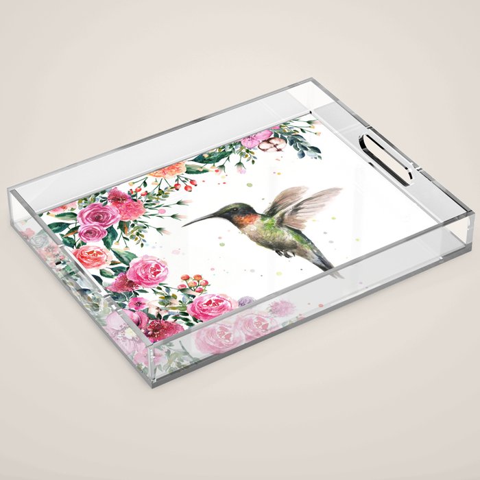 Hummingbird and Flowers Watercolor Animals Acrylic Tray Gallery Image 1
