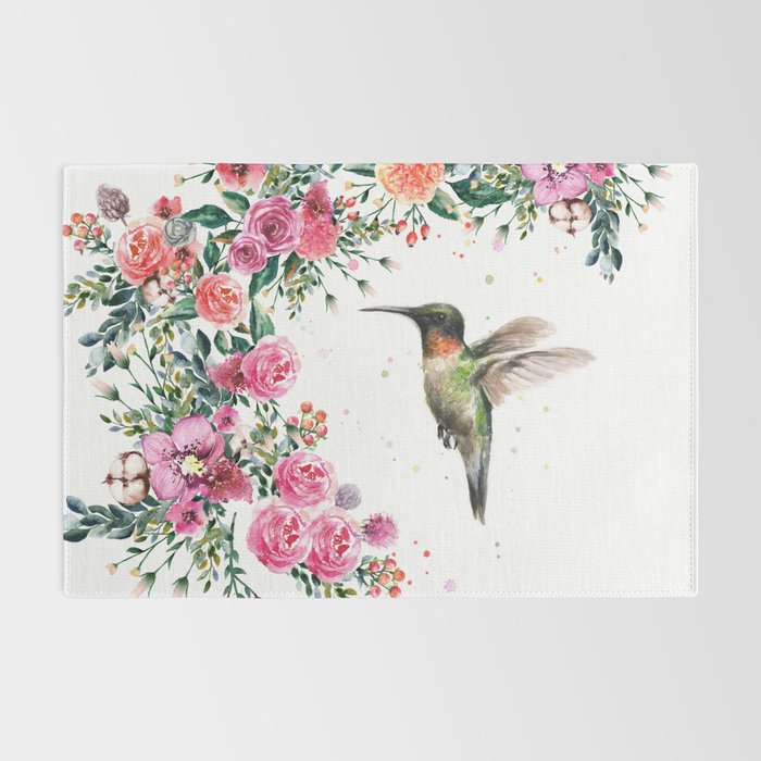 Hummingbird and Flowers Watercolor Animals Rug Gallery Image 2