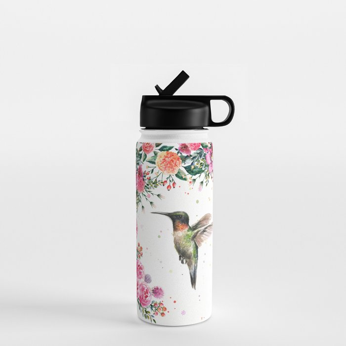 Hummingbird and Flowers Watercolor Animals Water Bottle Gallery Image 1